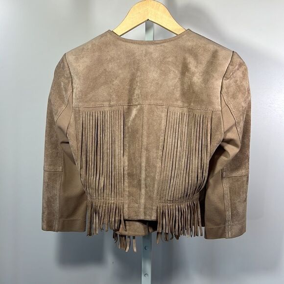 BCBGMAXAZRIA Women’s Reiss Stretch Woven Microsuede Fringe Jacket Tan Size XS - Picture 10 of 16